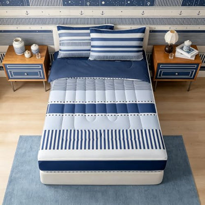 Kids Full Navy Blue Striped Zipper Bedding Set with Comforter & Pillowcases