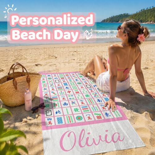 Personalized Mahjong Beach Towel with Name - Pink Tile Pattern, Microfiber, Custom Design - Design 31
