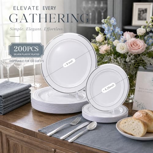 White & Silver Disposable Plates Set for 100 Guests - Heavy Duty Party Dinner & Dessert