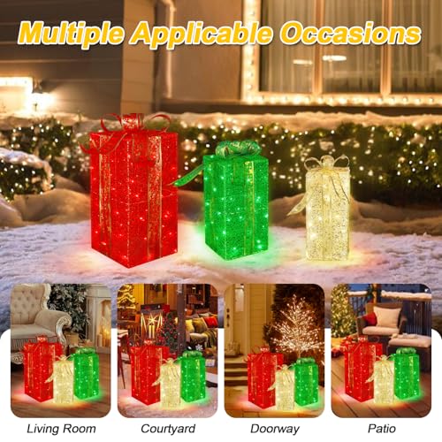 Christmas Lighted Gift Boxes Set of 3 - Warm Red Green Outdoor Decor with 16 Modes