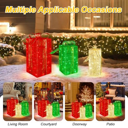 Christmas Lighted Gift Boxes Set of 3 - Warm Red Green Outdoor Decor with 16 Modes