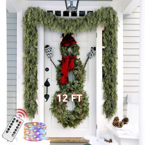 12FT Cedar Christmas Garland with Lights - Faux Pine Holiday Decor for Mantle & Outdoors