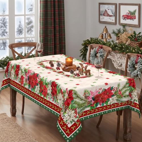 Christmas Poinsettia Flowers Rectangular Tablecloth 60 x 120 Inch Waterproof Washable Fabric