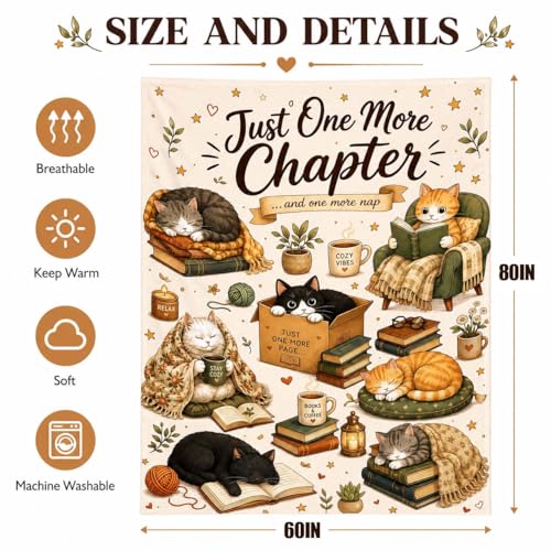 Book Lover Cat Flannel Blanket Reading Gift for Women Beige 80 x 60 inches