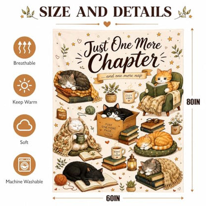 Book Lover Cat Flannel Blanket Reading Gift for Women Beige 80 x 60 inches