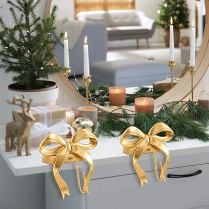 MorningRo 6 Pcs Gold Bow Christmas Stocking Holder Hooks for Mantel - Classic