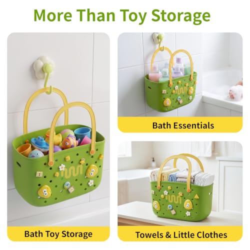 Green Bathtub Toy Storage Basket with Hooks Handles and Quick Drain