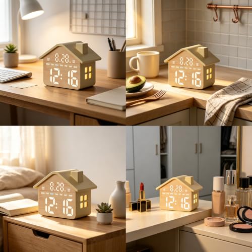 Wood Grain House-Shaped LED Alarm Clock with Night Light - GDQ