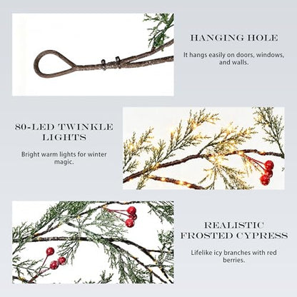 Pre-Lit Christmas Cedar Garland with Red Berries 6ft with Timer, Indoor Holiday Decor