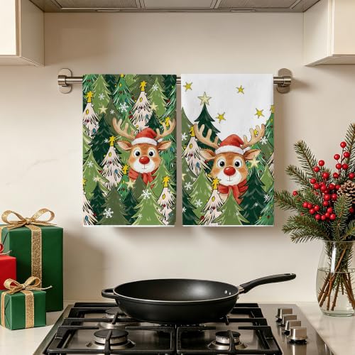 Green Christmas Kitchen Towels Deer Design 18x28 Inches - Holiday Dish Towels