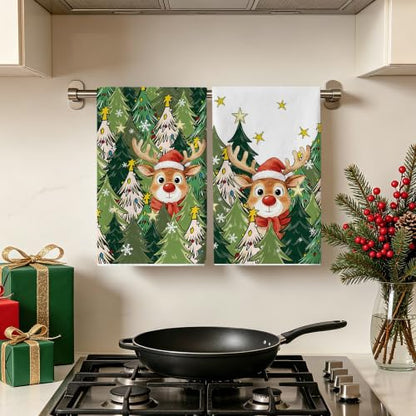 Green Christmas Kitchen Towels Deer Design 18x28 Inches - Holiday Dish Towels