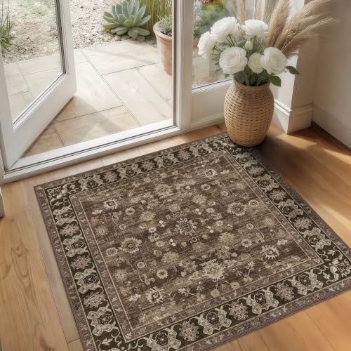2x2 Square Bathroom Rug - Non-Slip Brown Washable Carpet