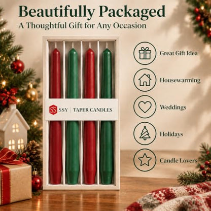 Christmas Red Green Taper Candles Set of 4 - 10 Inch Unscented Holiday Decor