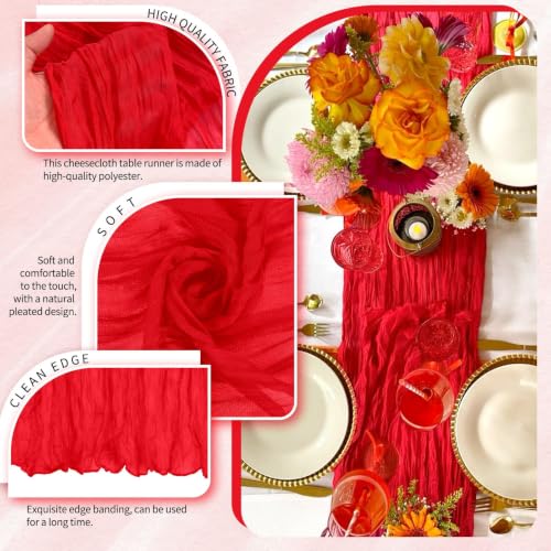 10FT Red Cheesecloth Table Runner for Weddings & Holiday Decor - Rustic Farmhouse Look
