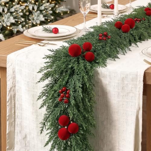 6FT 2PCS Christmas Garland Set - Real Touch Flocked Pine & Berries for Indoor Holiday Decor