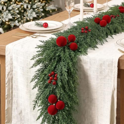 6FT 2PCS Christmas Garland Set - Real Touch Flocked Pine & Berries for Indoor Holiday Decor