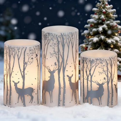 3-Birch Silver Reindeer Christmas Flameless Pillar Candles with 6H Timer
