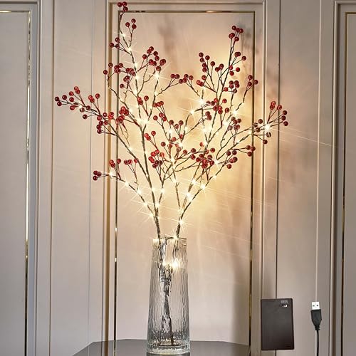 Lighted Red Berry Branches with Timer & Fairy Lights - Battery & USB Operated, 32 Inch Christmas Holiday Decor - Red Berry Variation
