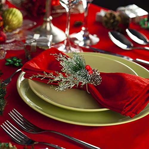Set of 12 Christmas Snowy Pine Cone Napkin Rings with Red Berries - Green
