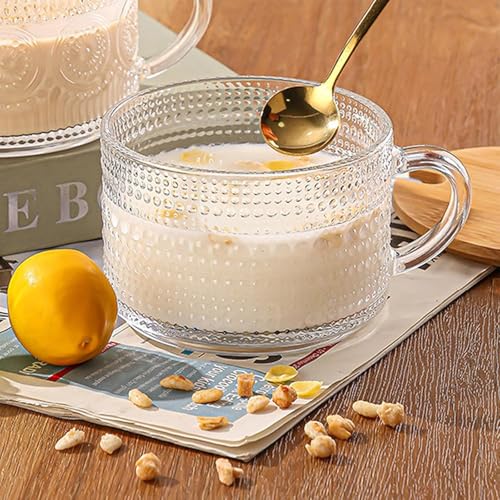 6 Pcs Clear Embossed Glass Coffee Mugs with Handle - 14oz Drinkware Set