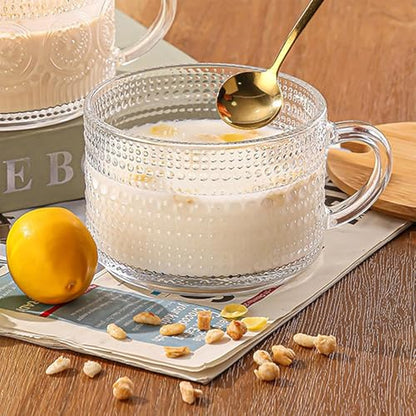 6 Pcs Clear Embossed Glass Coffee Mugs with Handle - 14oz Drinkware Set