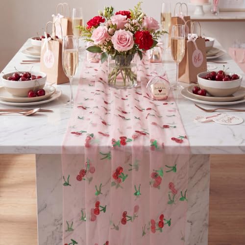 Cherry Pink Glitter Tulle Table Runner 26x70 Inches - Set of 2, Perfect for Party Decor