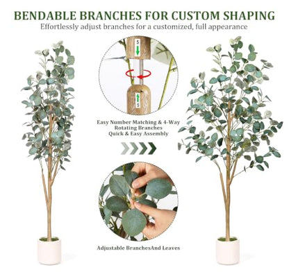 6FT Artificial Eucalyptus Tree with Natural Wood Trunk for Indoor Decor