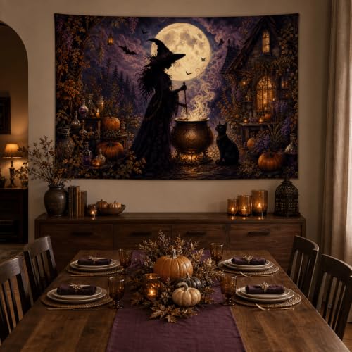 Halloween Witch Cauldron Wall Tapestry - 40x30 Inches Gothic Moonlit Decor