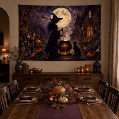 Halloween Witch Cauldron Wall Tapestry - 40x30 Inches Gothic Moonlit Decor