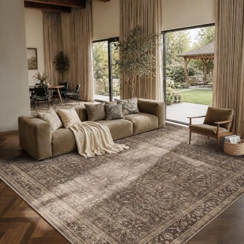 JOOJA 8x10 Dark Brown Vintage Low Pile Area Rug with Non-Slip Backing