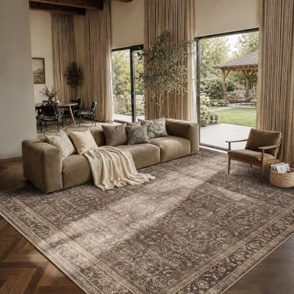 JOOJA 8x10 Dark Brown Vintage Low Pile Area Rug with Non-Slip Backing