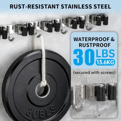 Wall Mount Mop and Broom Holder with 5 Racks & 4 Hooks - Silver
