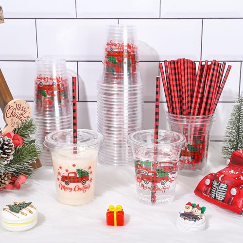Christmas Party Disposable Plastic Cups with Lids and Straws - 50 Pack