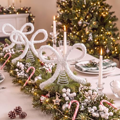 11-Inch White Bow Christmas Tree Topper with Glitter Metal Spiral Base