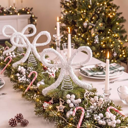 11-Inch White Bow Christmas Tree Topper with Glitter Metal Spiral Base