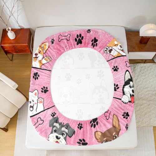 Manfei Pink Dog Fitted Sheet Twin Size Paw Print Kids Bedding Set - Deep Pocket, 2 Pieces