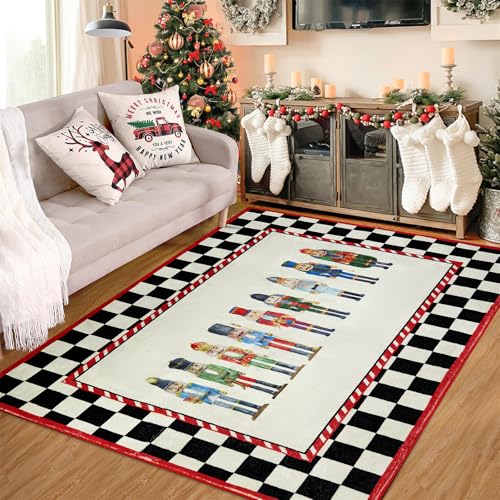 Christmas Nutcracker Rug 5x7 Black and White Washable Vintage Checkered Holiday Carpet