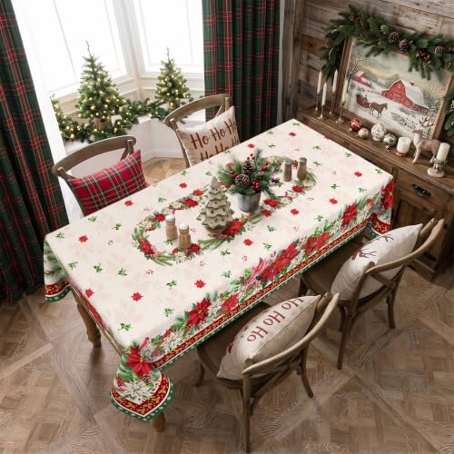 Christmas Poinsettia Flowers Rectangular Tablecloth 60 x 120 Inch Waterproof Washable Fabric