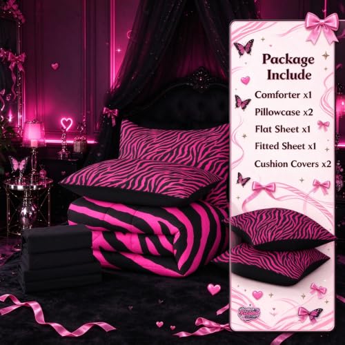 Pink Zebra Comforter Set with Sheets - Twin Size, 7-Piece Bed in a Bag, Hot Pink and Black, Kids Bedroom Bedding
