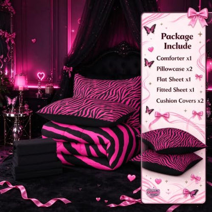 Pink Zebra Comforter Set with Sheets - Twin Size, 7-Piece Bed in a Bag, Hot Pink and Black, Kids Bedroom Bedding
