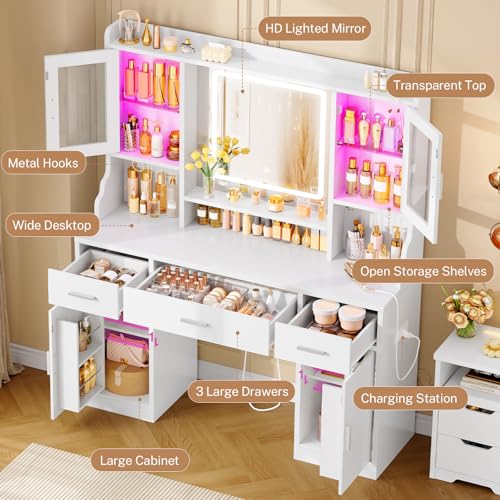 Vanity Desk with Mirror and RGB Cabinets, 6 Storage Units, Built-in Power Outlet