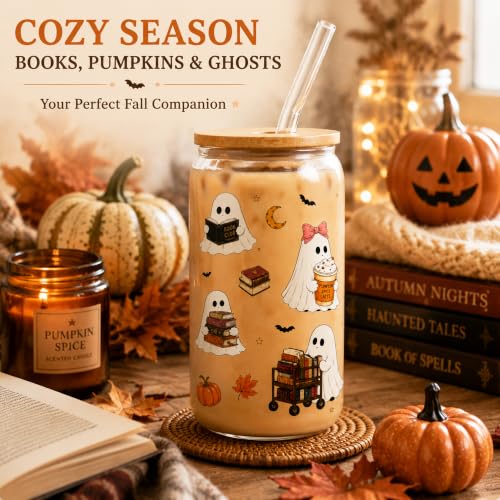 Halloween Ghost Glass Cup with Lid & Straw - 16oz Bookish Boo Basket Gift