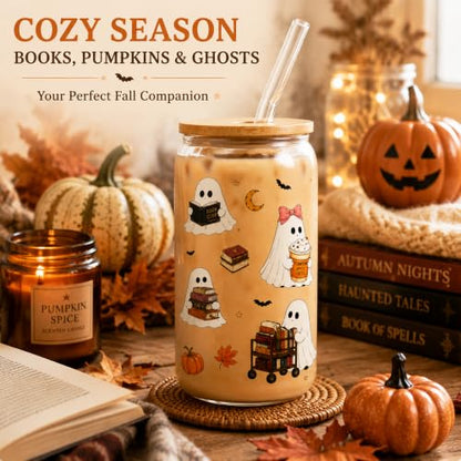 Halloween Ghost Glass Cup with Lid & Straw - 16oz Bookish Boo Basket Gift