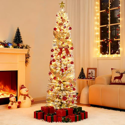 6ft Snow-Flocked Artificial Christmas Tree with Pre-Lit LED Lights - Pencil Shape, Hinged Branches, Metal Stand
