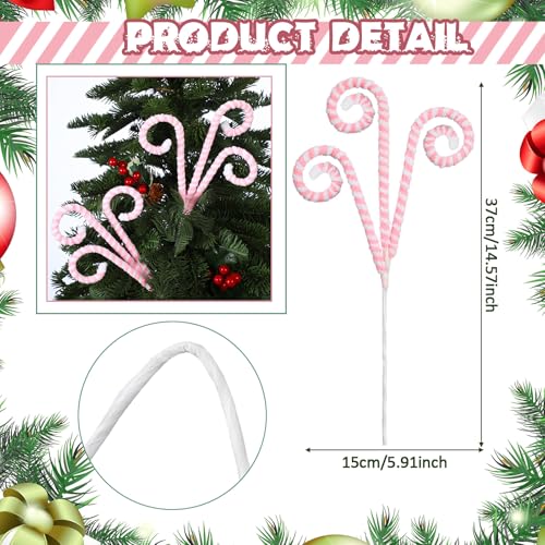 Christmas Candy Cane Picks Set - Pink & White Felt Tree Ornaments, 12 Pack