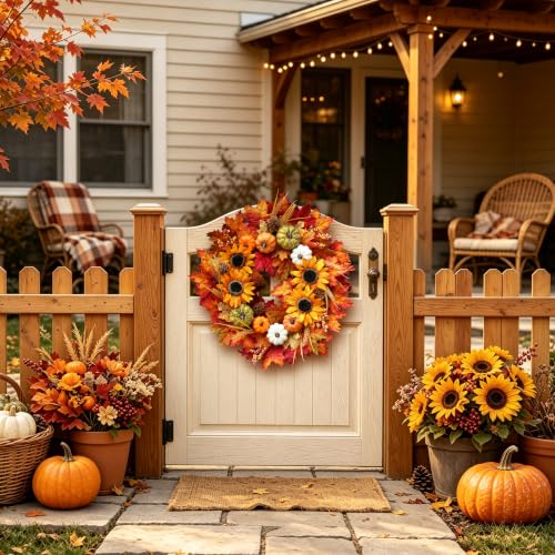 24 Inch Fall Sunflower Wreath with Pumpkins and Maple Leaves for Front Door