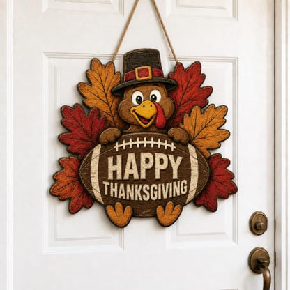 Thanksgiving Door Sign - Wooden Fall Decor with Turkey and Football Motif