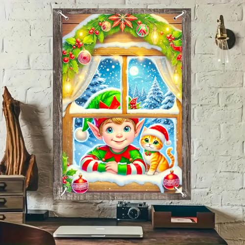Elf Cat Christmas Window Banner - Fabric 31x47 Inch - Color 3