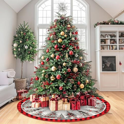 Christmas Tree Skirt 48 Inches Snowflake Rustic Plush Holiday Decor - Red