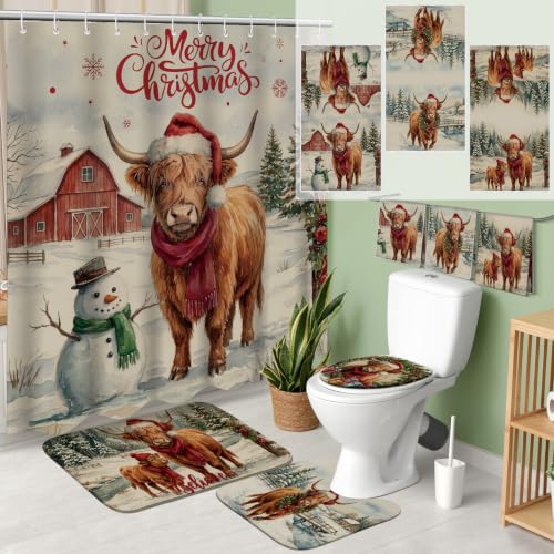 Vesici Waterproof Christmas Shower Curtain Set Highland Cow